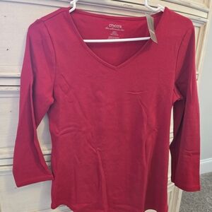 Chico's Bright Red V‑Neck Long Sleeve Tee